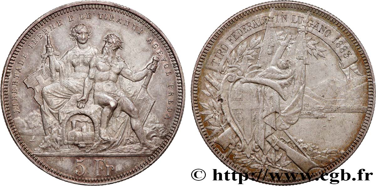 SUISSE 5 Francs, concours de Tir de Lugano 1883  TTB 