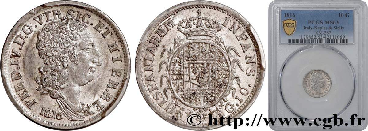 ITALY - KINGDOM OF TWO SICILIES 1 Carlino de 10 Grana Ferdinand IV 1816 Naples MS63 PCGS