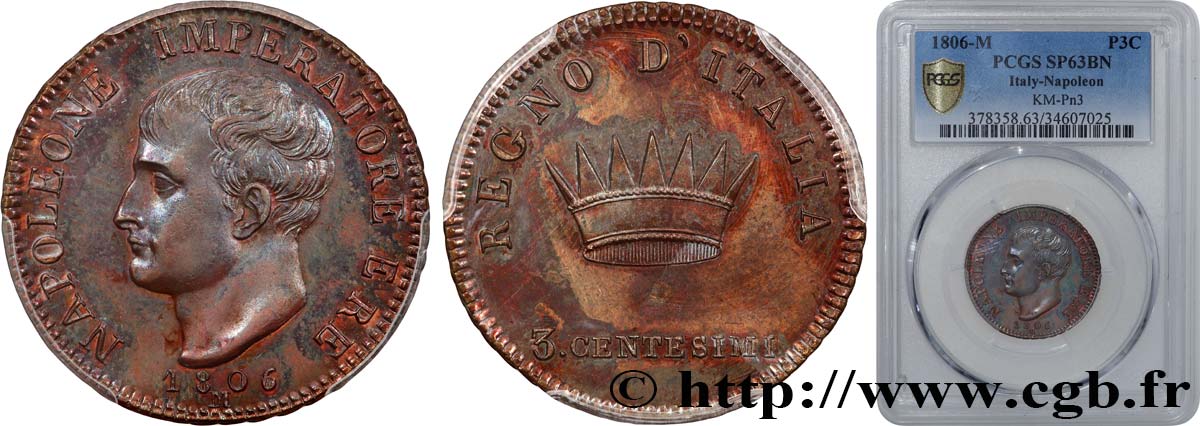 ITALIA - REINO DE ITALIA - NAPOLEóNE I Épreuve 3 Centesimi 1806 Milan SC63 PCGS