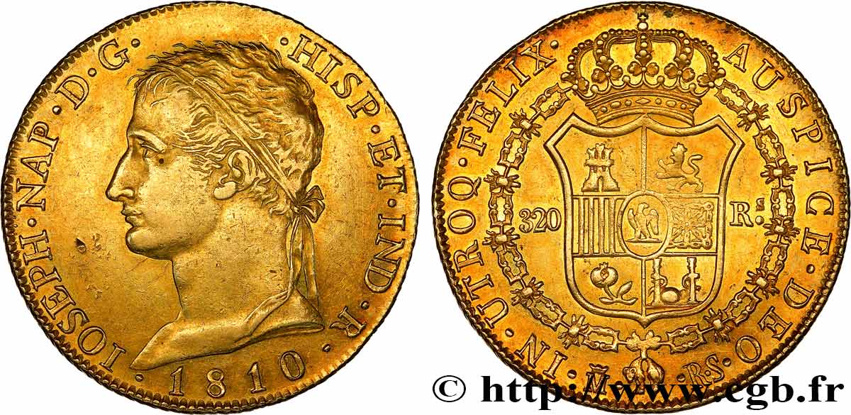 SPAIN - KINGDOM OF SPAIN - JOSEPH NAPOLEON 320 reales en or 1810 Madrid AU 