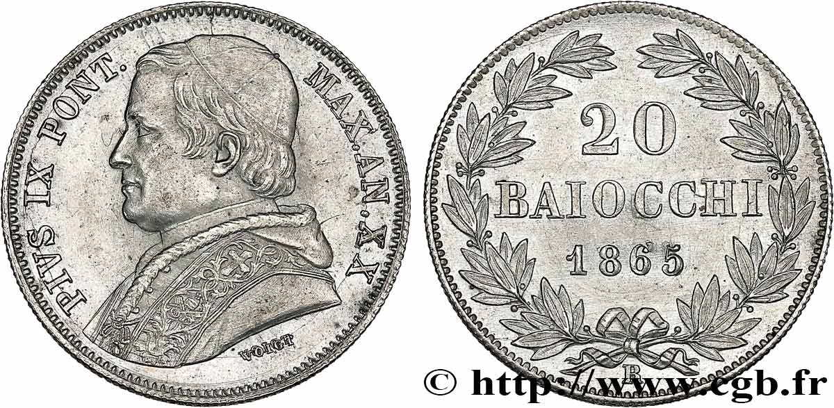 ITALIE - ÉTATS DU PAPE - PIE IX (Jean-Marie Mastai Ferretti) 20 Baiocchi an XX 1865 Rome TTB+/SUP 