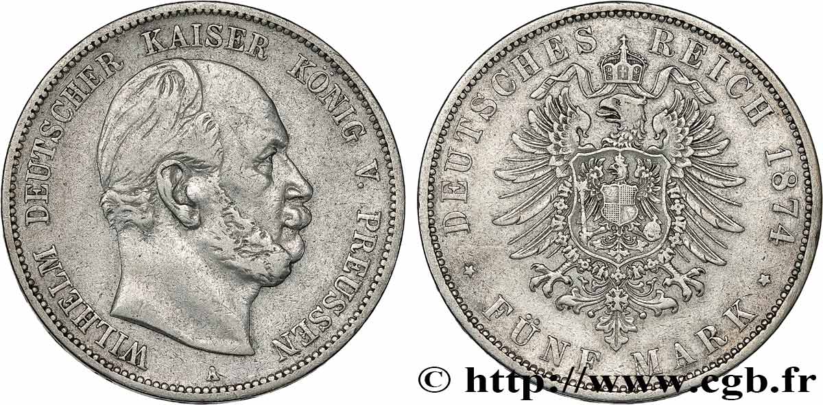 GERMANY - KINGDOM OF PRUSSIA - WILLIAM I 5 Mark 1874 Berlin XF 