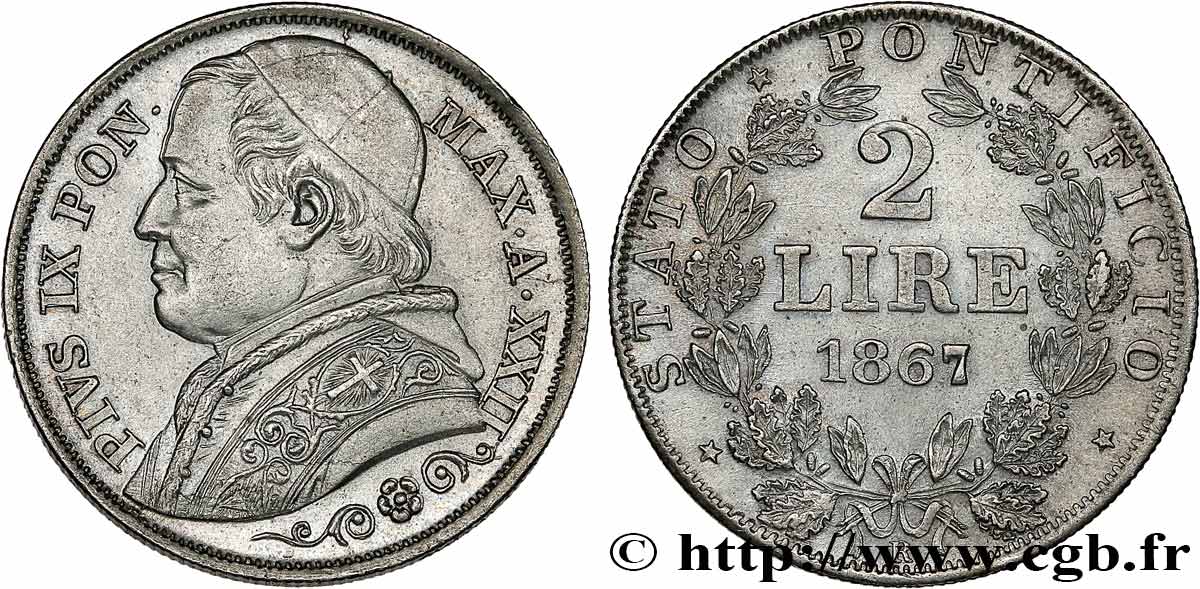 VATICAN AND PAPAL STATES 2 Lire Pie IX an XXII 1867 Rome AU 