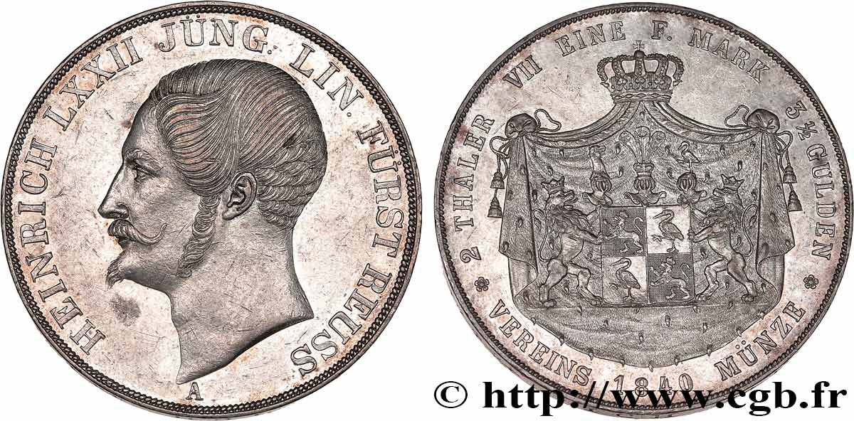GERMANY - REUSS-LOBENSTEIN-EBERSDORF 2 Thalers  - 3 1/2 Gulden 1840 Berlin AU 