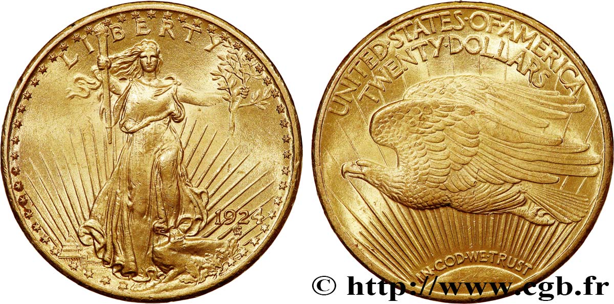 OR, PALLADIUM ET PLATINE INVESTISSEMENT 20 Dollars  Saint-Gaudens” 1924 Philadelphie SUP 