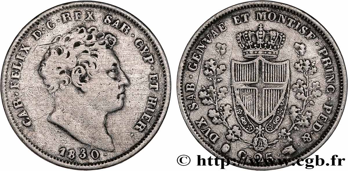ITALIE - ROYAUME DE SARDAIGNE 25 Centesimi Charles-Félix 1830 Turin TB 