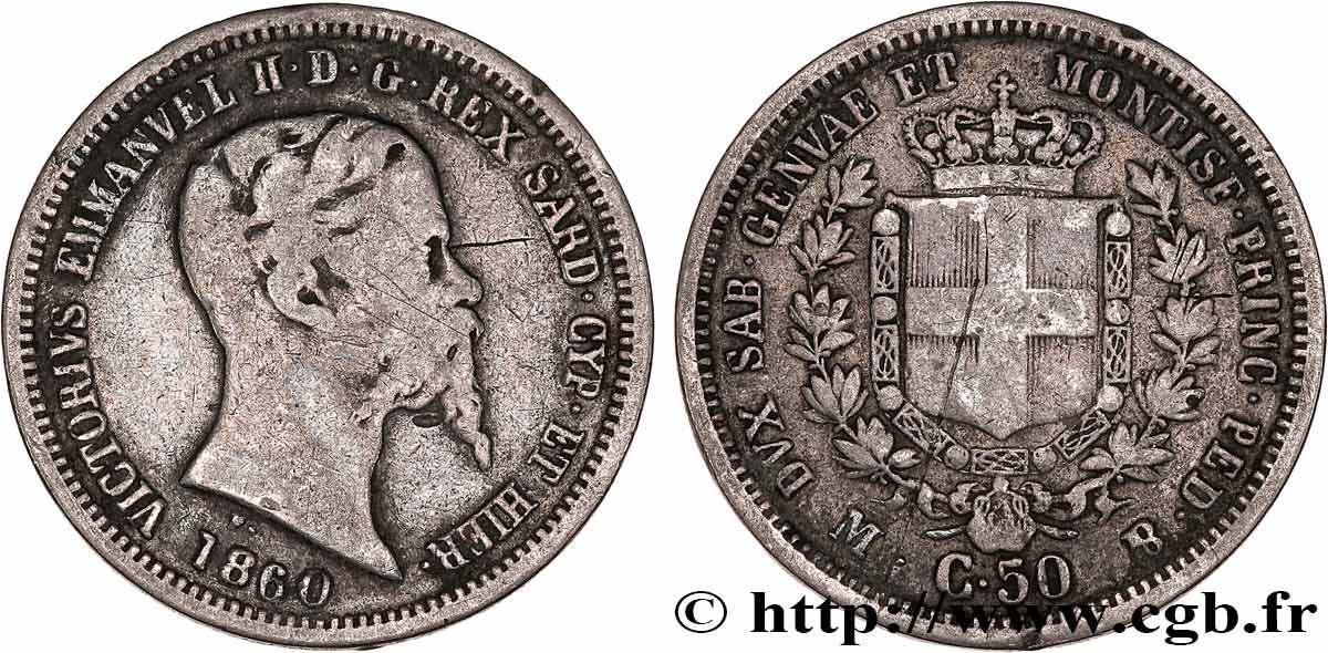 ITALIE - ROYAUME DE SARDAIGNE 50 Centesimi Victor Emmanuel II 1860 Milan TB 