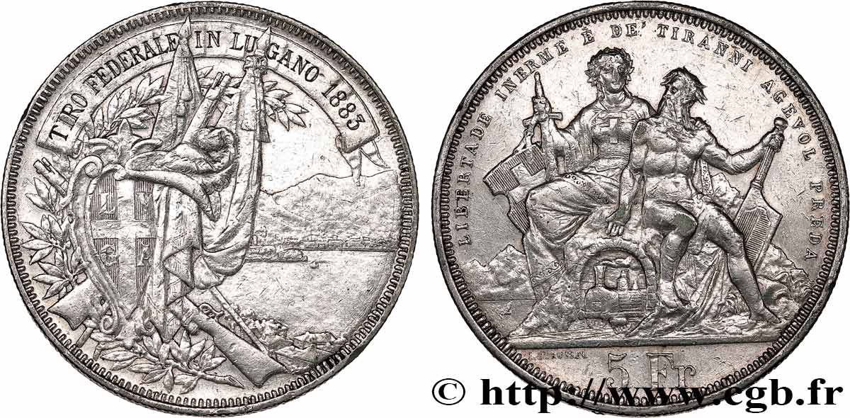 SUISSE 5 Francs, concours de Tir de Lugano 1883  TTB 