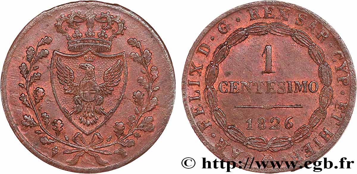 ITALIA - REGNO DE SARDINIA 1 Centesimo Charles Félix “P” 1826 Turin q.SPL 
