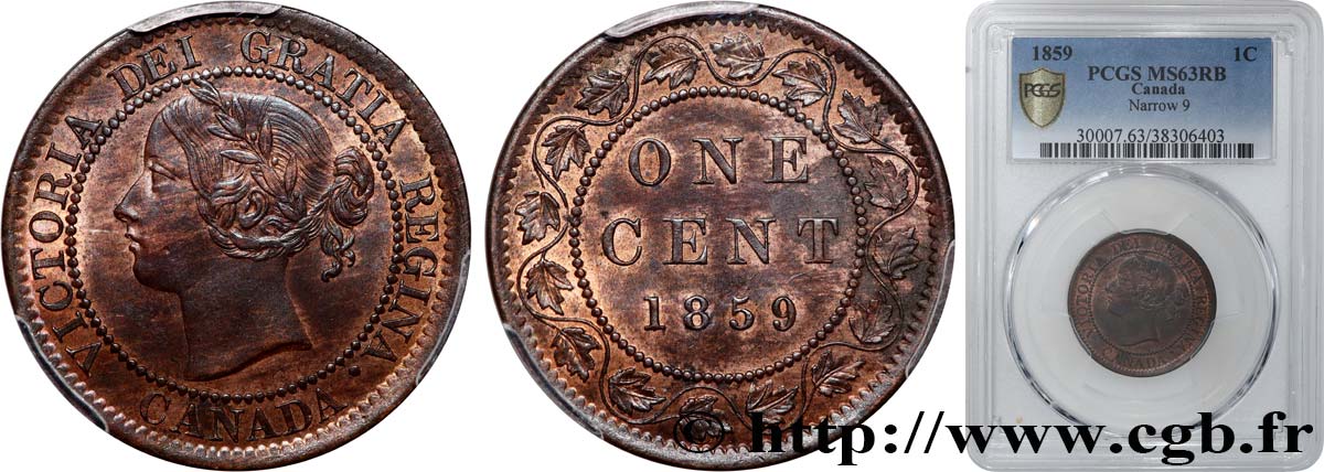 CANADA 1 Cent Victoria 1859  MS63 PCGS