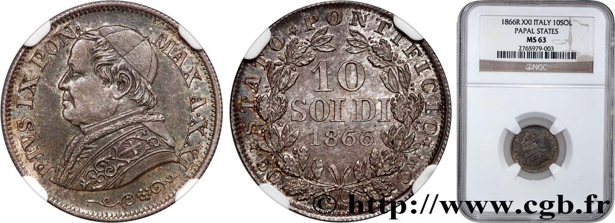 ITALIA - STATO PONTIFICIO - PIE IX (Giovanni Maria Mastai Ferretti) 10 Soldi Pie IX an XXI 1866 Rome MS63 NGC