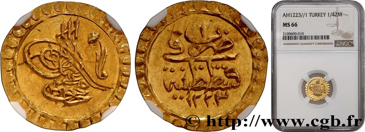 TURKEY 1/4 Zeri Mhabub Mahmud II AH 1223 an 1 (1808) Constantinople MS66 NGC