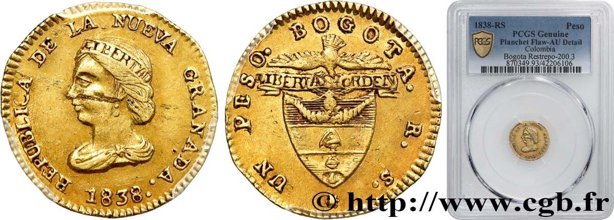 COLOMBIE - RÉPUBLIQUE DE NOUVELLE GRENADE 1 Peso en or 1838 Bogota SUP PCGS