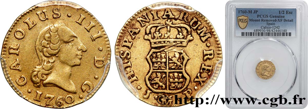 ESPAÑA - REINO DE ESPAÑA - CARLOS III 1/2 Escudo  1760 Madrid MBC PCGS