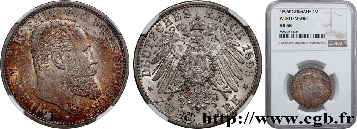 GERMANY - KINGDOM OF WÜRTTEMBERG - WILLIAM II 2 Mark  1896 Stuttgart AU58 NGC