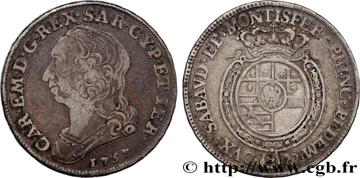 DUCHY OF SAVOY - CHARLES-EMMANUEL III Quart d’écu (quarto di scudo) 1757 Turin BC+/MBC 