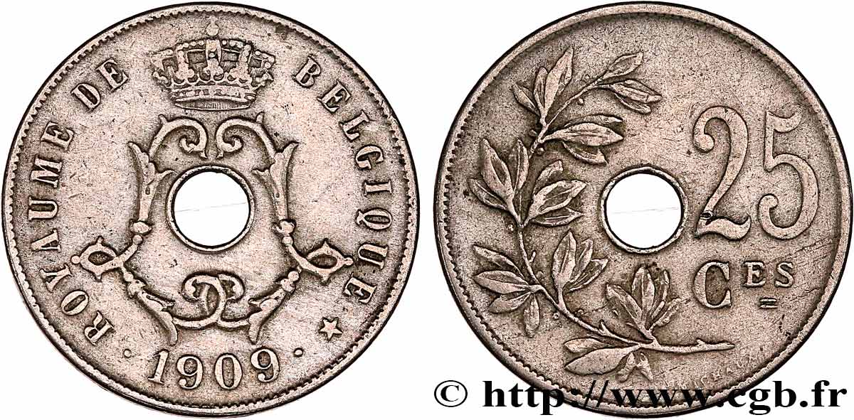 BELGIUM 25 Centimes Léopold II 1909  AU 
