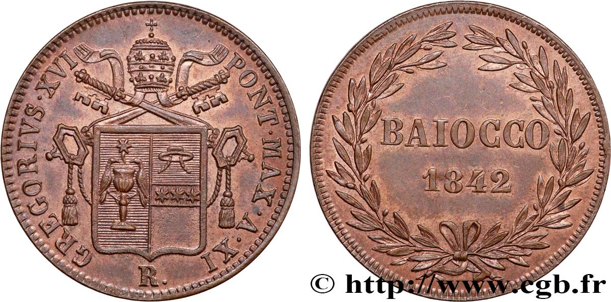 ITALY - PAPAL STATES - GREGORY XVI (Bartolomeo Alberto Cappellari) 1 Baiocco armes du vatican an XI 1842 Rome AU 