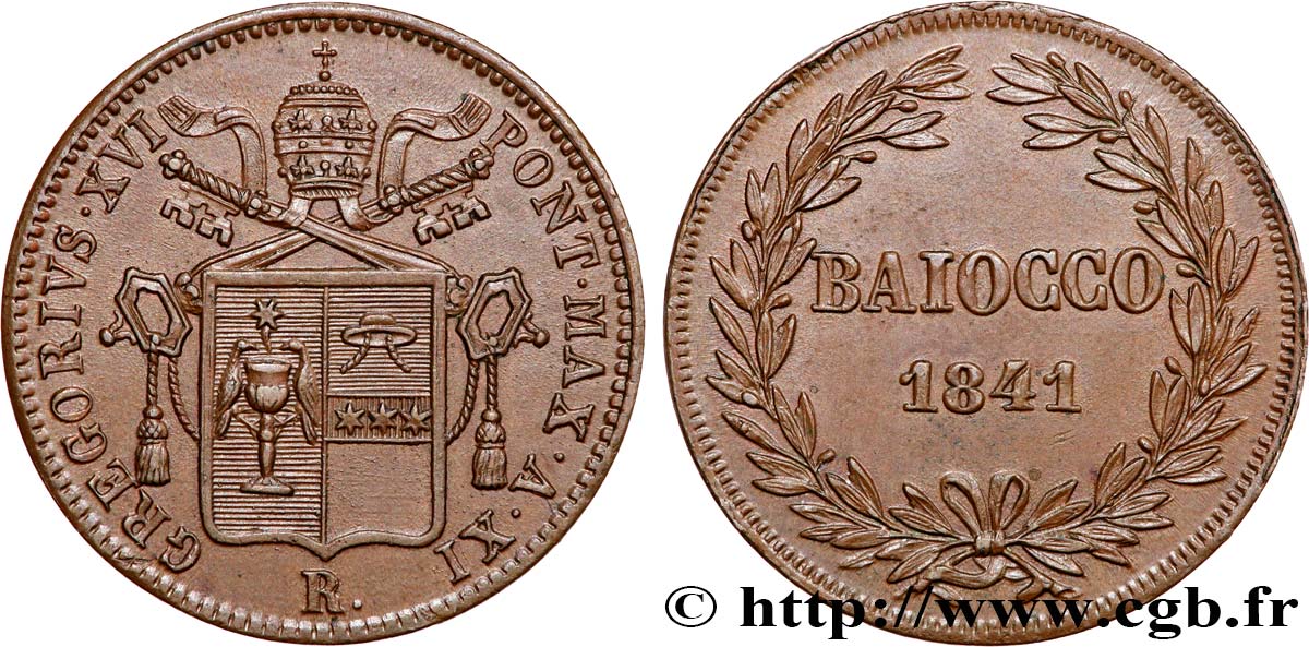 ITALIA - ESTADOS PONTIFICOS - GRÉGOIRE XVI 1 Baiocco armes du vatican an XI 1841 Rome EBC 