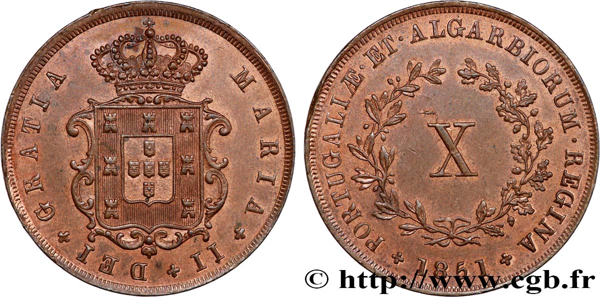 PORTUGAL -MARIE II  10 Réis  1851  AU 