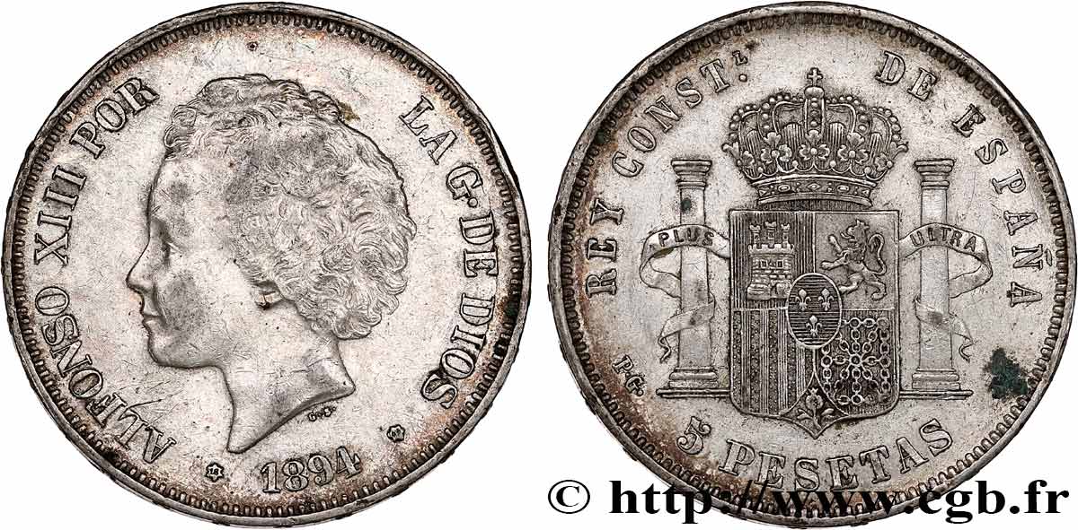 ESPAÑA 5 Pesetas Alphonse XIII 2e type 1894 Madrid BC+/MBC 