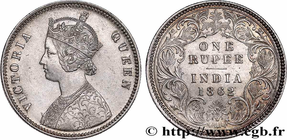 BRITISH INDIA 1 Roupie Victoria 1862 Bombay XF 