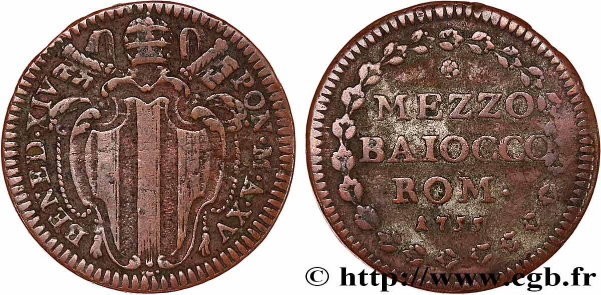 VATICAN ET ÉTATS PONTIFICAUX 1/2 Baiocco armes du vatican frappée au nom de Benoît XIV an XV 1755  TB 