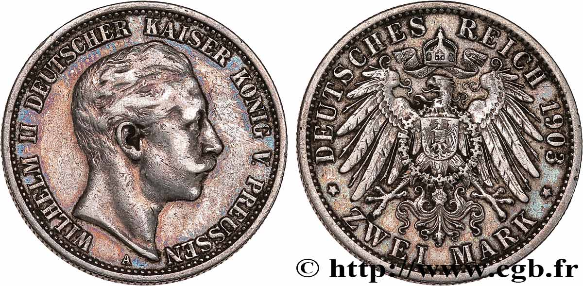 GERMANY - PRUSSIA 2 Mark Guillaume II 1903 Berlin XF 