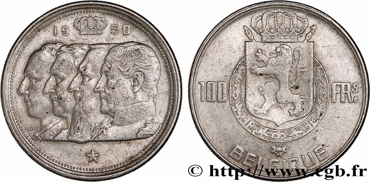 BELGIQUE 100 Francs portraits des quatre rois de Belgique, légende française 1950  TTB 