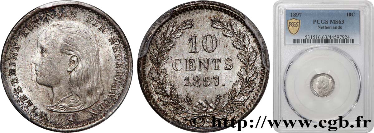PAYS-BAS 10 Cents Wilhelmina 1897 Utrecht SPL63 PCGS