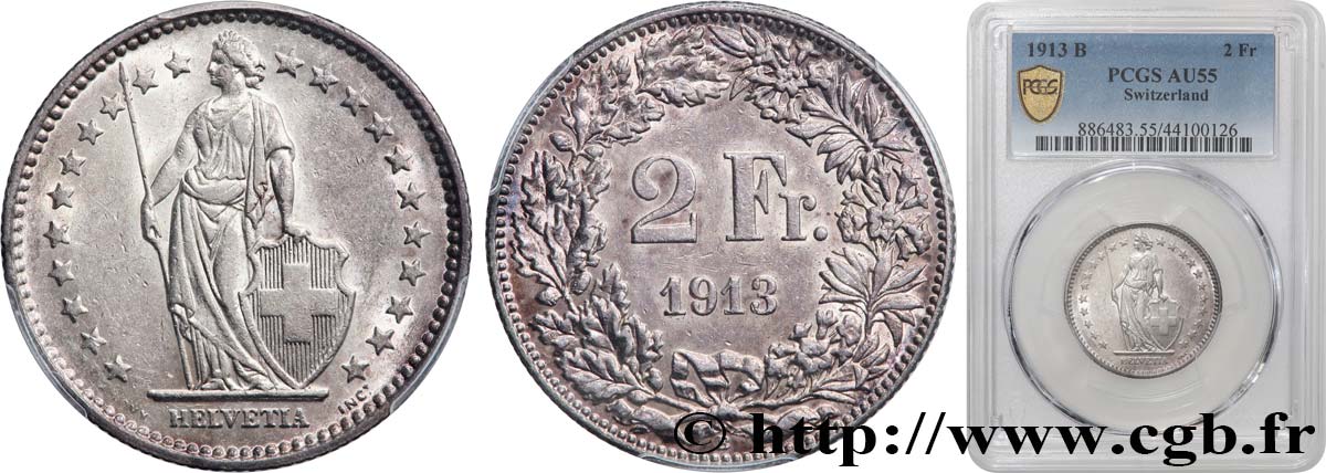 SUISSE 2 Francs Helvetia 1913 Berne - B SUP55 PCGS