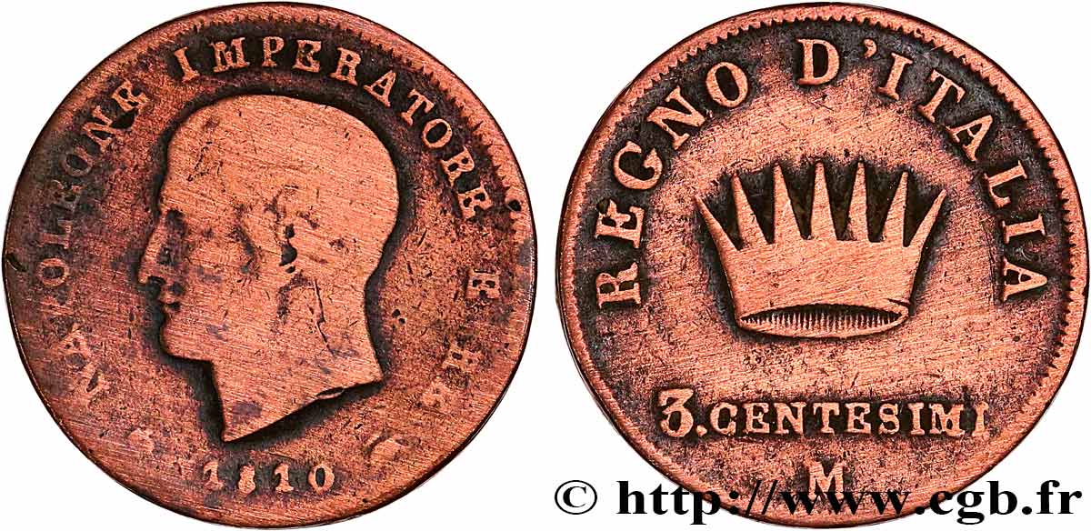 ITALIA - REINO DE ITALIA - NAPOLEóNE I 3 Centesimi 1810 Milan BC 