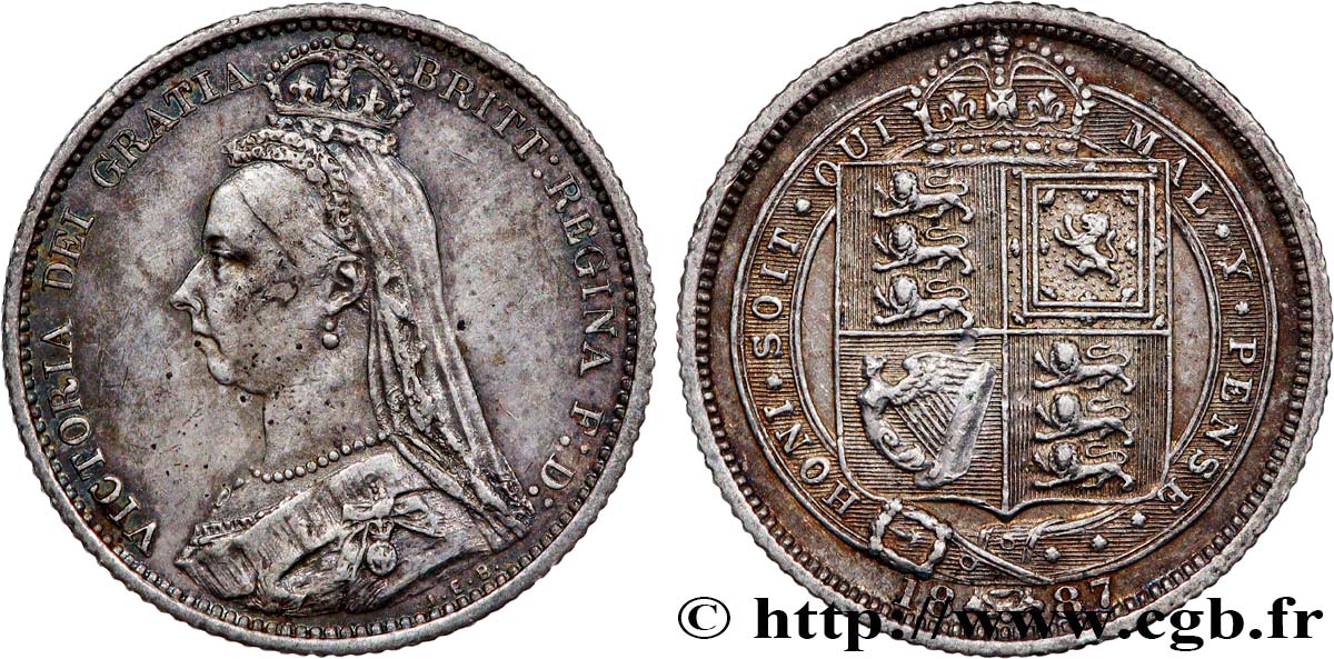 REINO UNIDO 6 Pence Victoria “buste du jubilé”, type écu 1887  MBC 