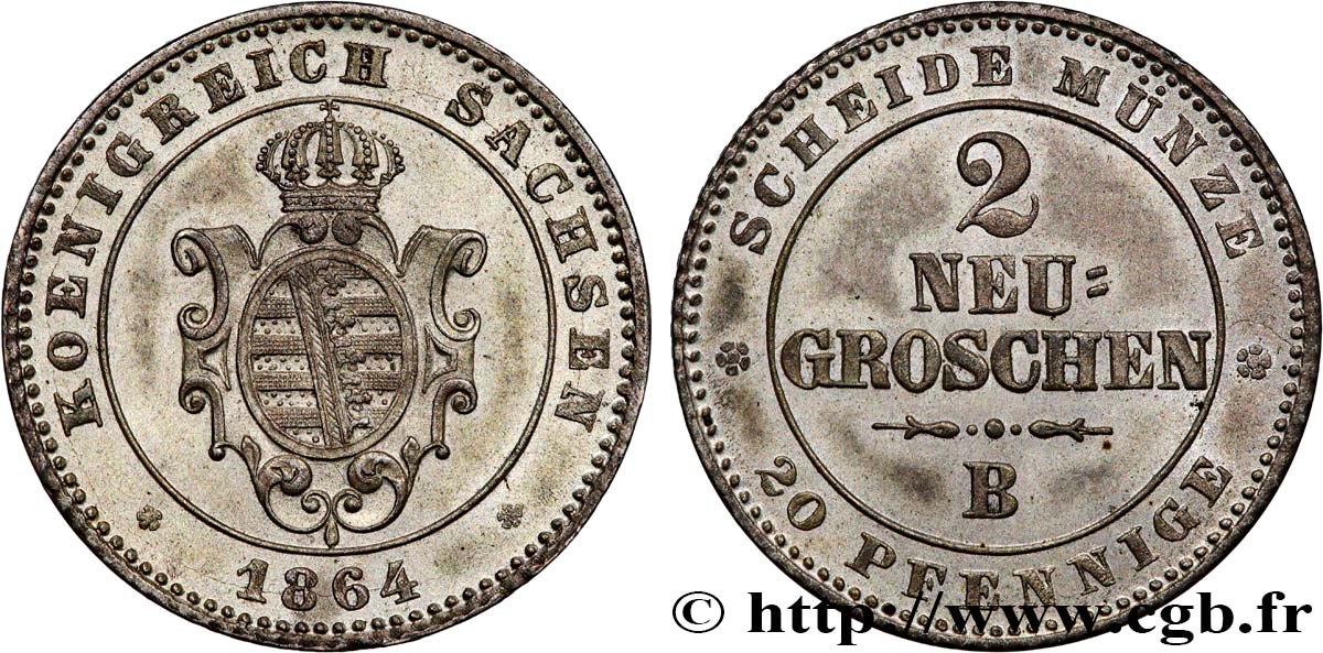 GERMANY - SAXONY 2 Neu-Groschen (20 Pfennige) 1864  AU 