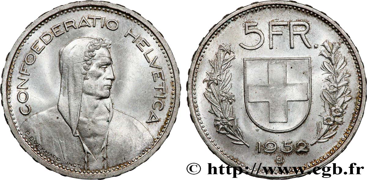 SVIZZERA  5 Francs Berger 1952 Berne q.SPL 