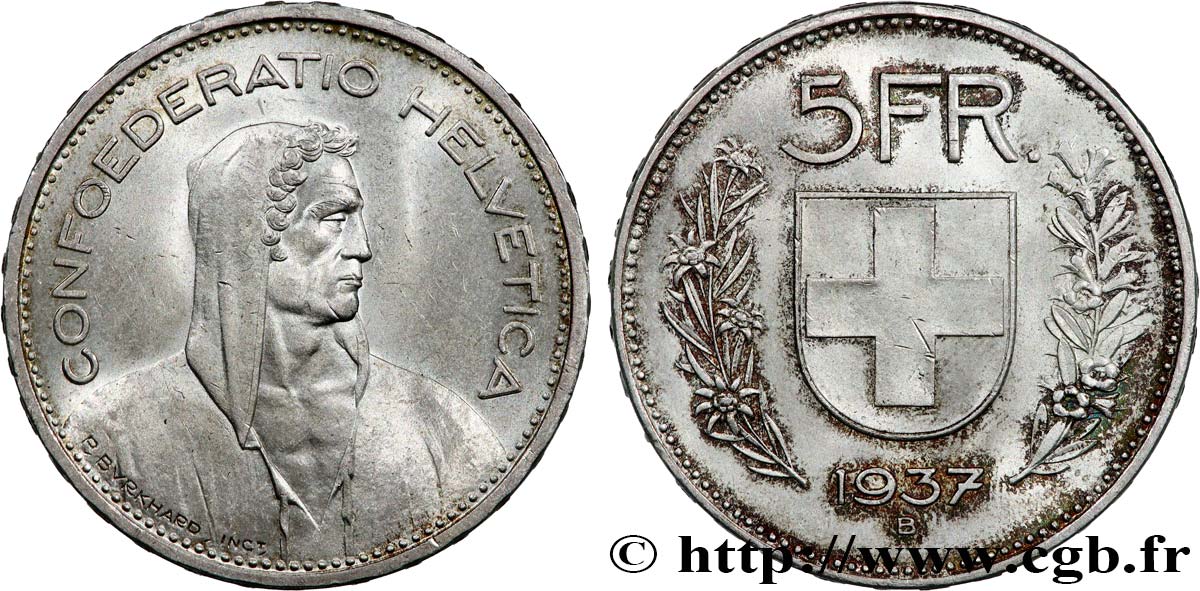 SVIZZERA  5 Francs Berger des alpes / bouclier suisse 1937 Berne - B q.SPL 