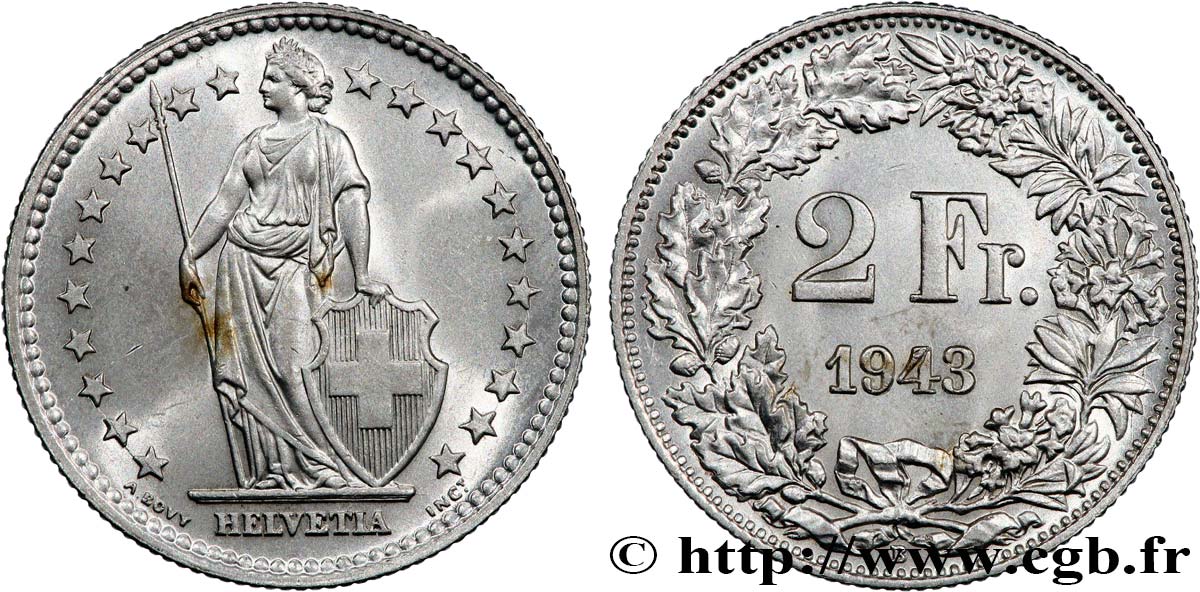 SWITZERLAND 2 Francs Helvetia 1943 Berne AU 