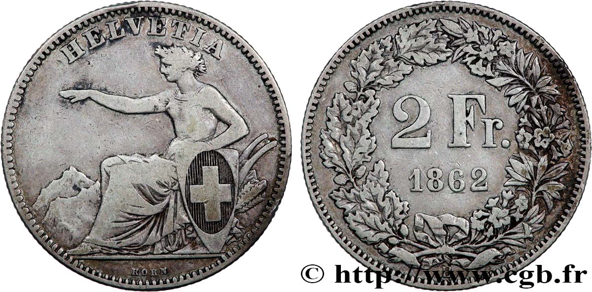 SUISSE 2 Francs Helvetia 1862 Berne TB 