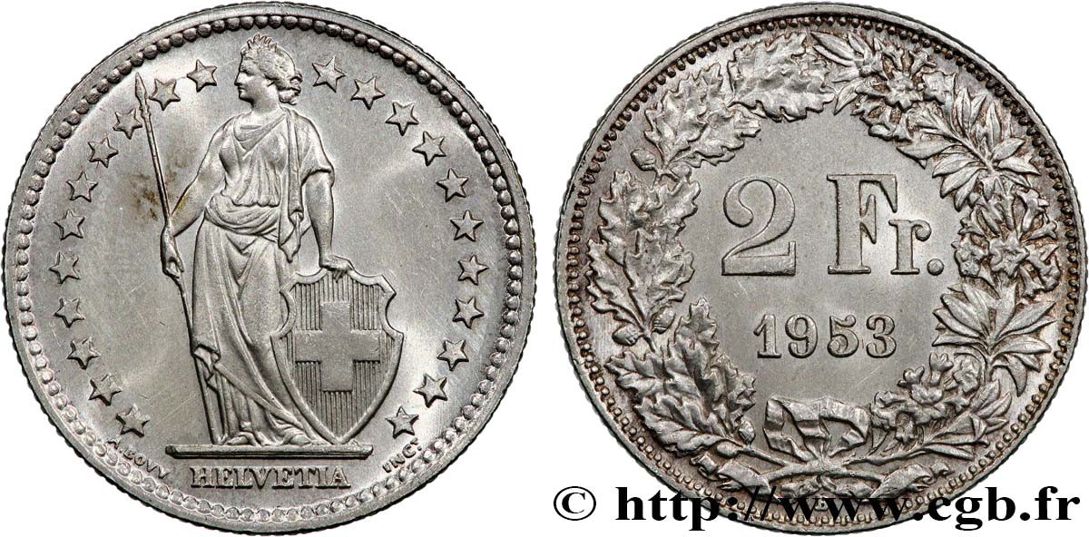 SWITZERLAND 2 Francs Helvetia 1953 Berne - B MS 