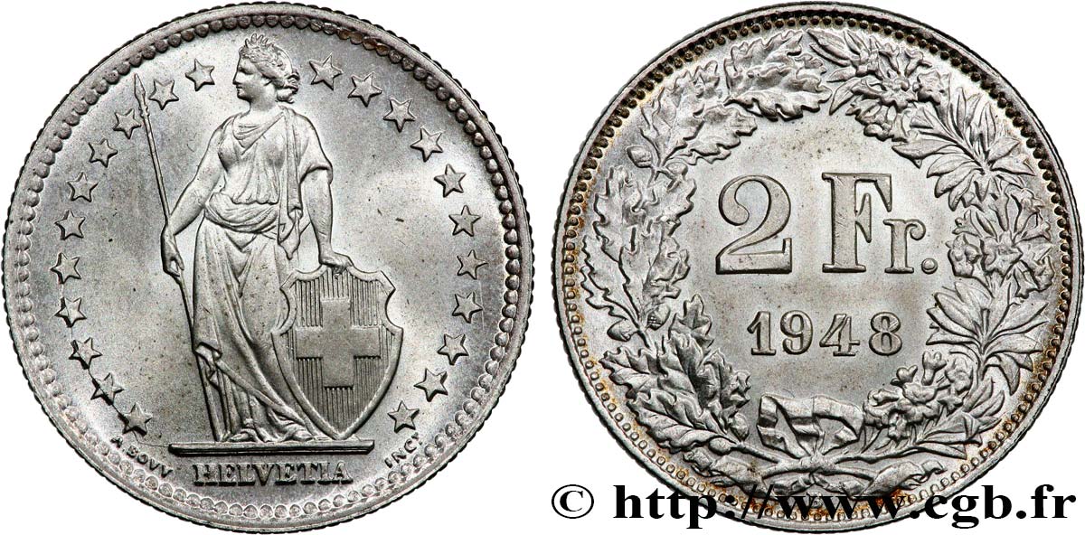 SUIZA 2 Francs Helvetia 1948 Berne EBC 