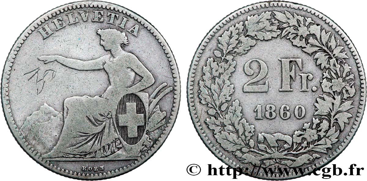 SVIZZERA  2 Francs Helvetia 1860 Berne MB 