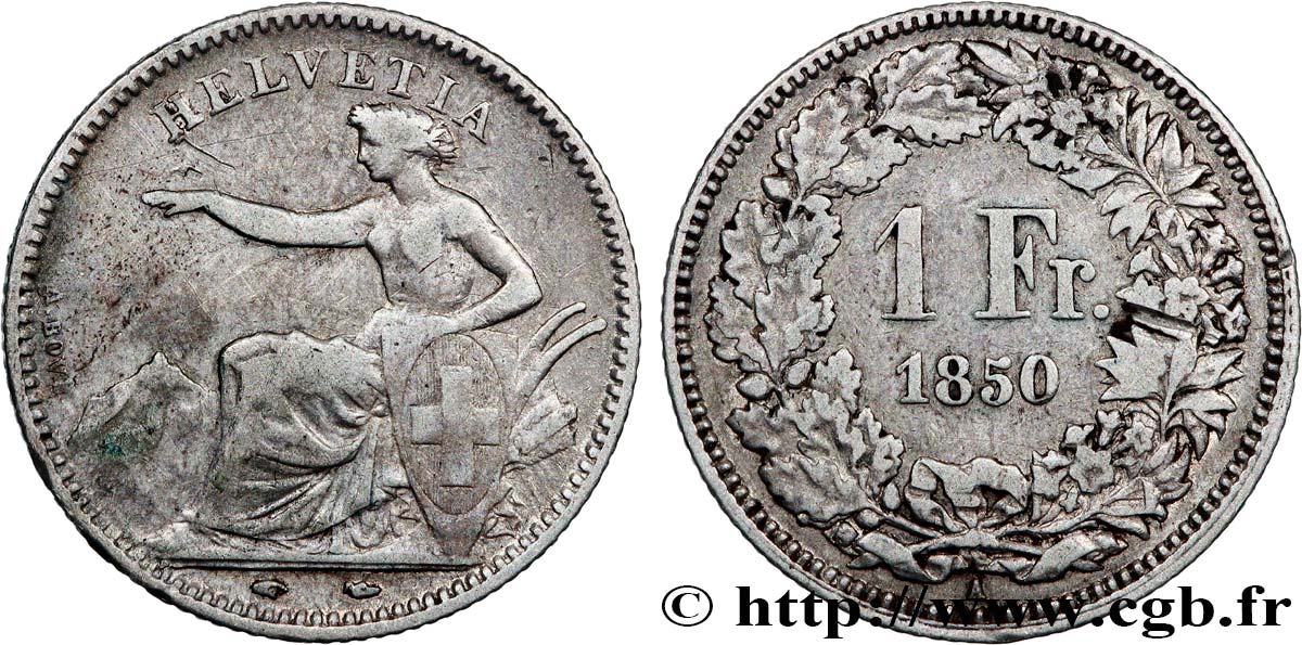 SWITZERLAND - CONFEDERATION OF HELVETIA 1 Franc Helvetia assise 1850 Paris VF/XF 