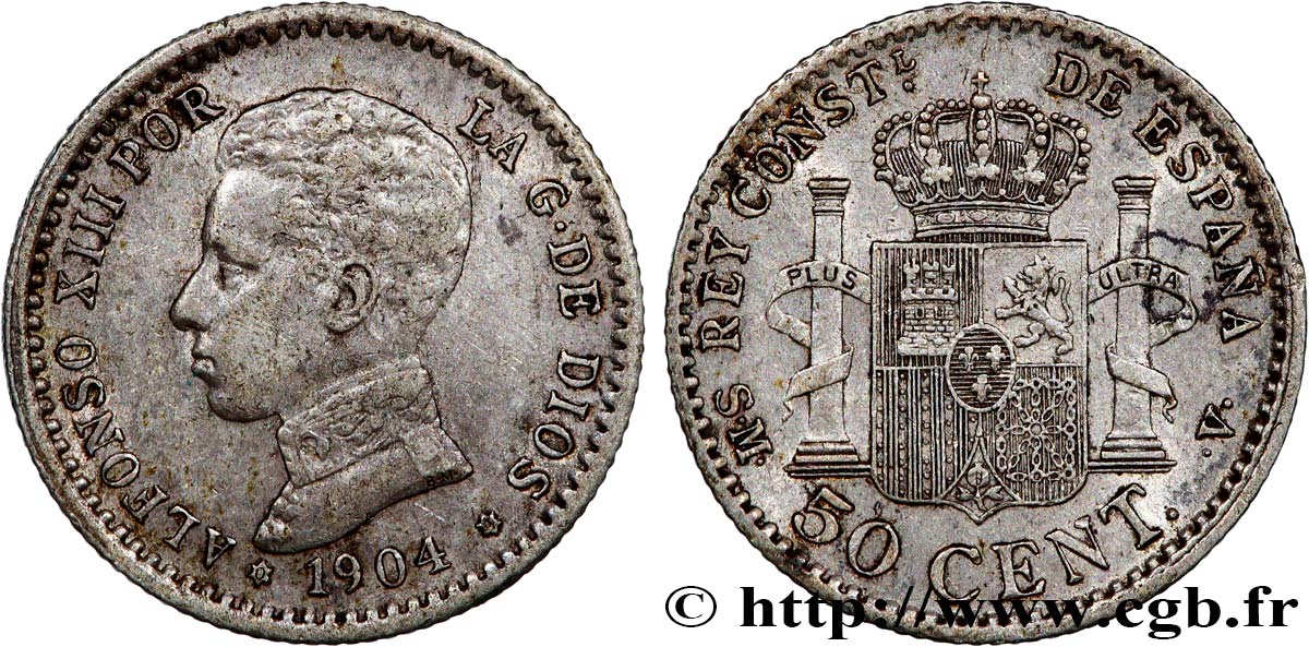 ESPAÑA 50 Centimos Alphonse XIII S.M.-.V. 1904 Madrid MBC 