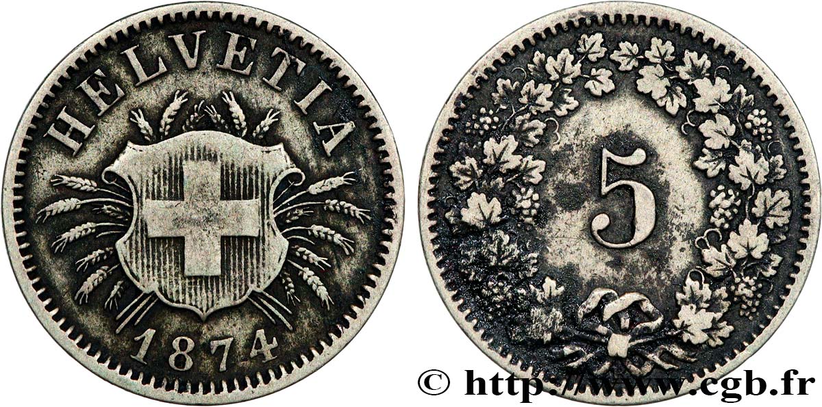 SWITZERLAND 5 Centimes (Rappen) 1874 Berne VF 