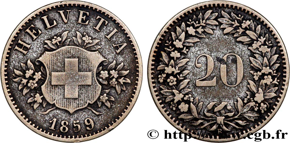 SVIZZERA  20 Centimes (Rappen) croix suisse 1859 Berne - B q.BB 