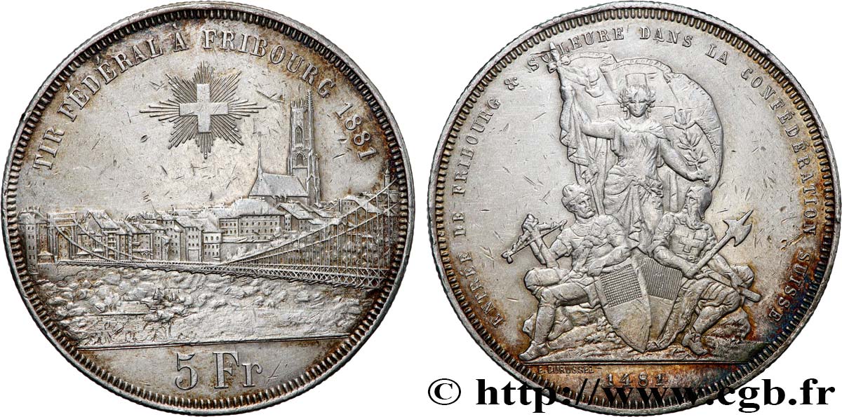 SWITZERLAND 5 Francs, monnaie de Tir, Fribourg 1881  XF 