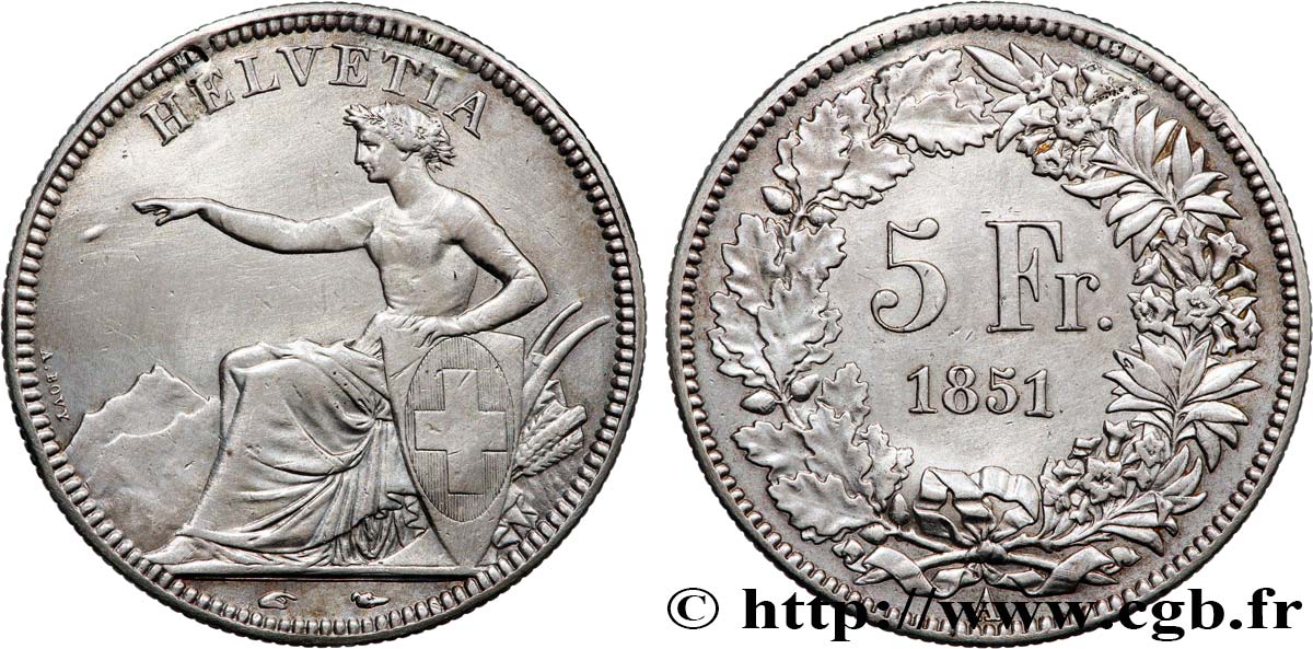 SUISSE - CONFEDERATION 5 Francs Helvetia assise 1851 Paris TTB 