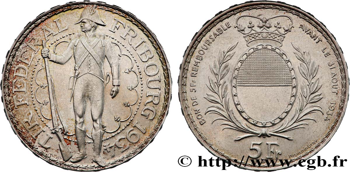 SWITZERLAND 5 Francs, monnaie de Tir, Fribourg 1934 Le Locle AU 