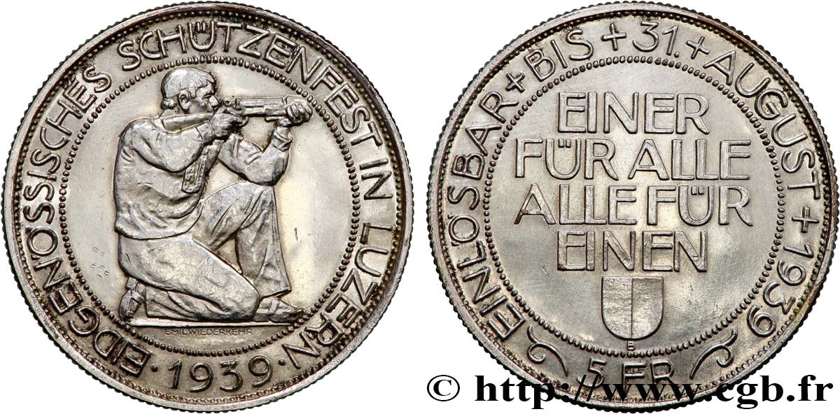 SCHWEIZ 5 Francs Tir de Lucerne (Luzern) 1939 Berne VZ 