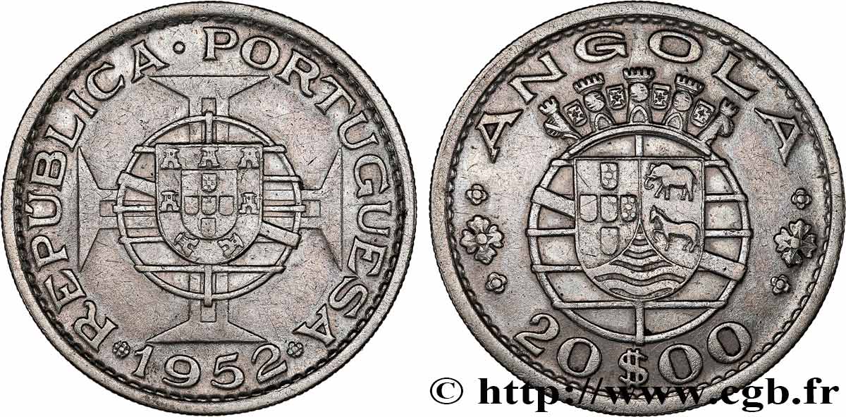 ANGOLA 20 Escudos emblème du Portugal 1952  TTB 